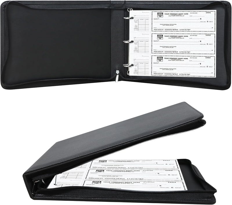 LLi Cufite 3 Rings Check Binder for End-Stub Deskbook Checks, Zipper Business Check Binder, 3 on a Page, Fit 3 & 9 Holes Check Faux Leather (9.5" x 12.6") (Black) - Image 1